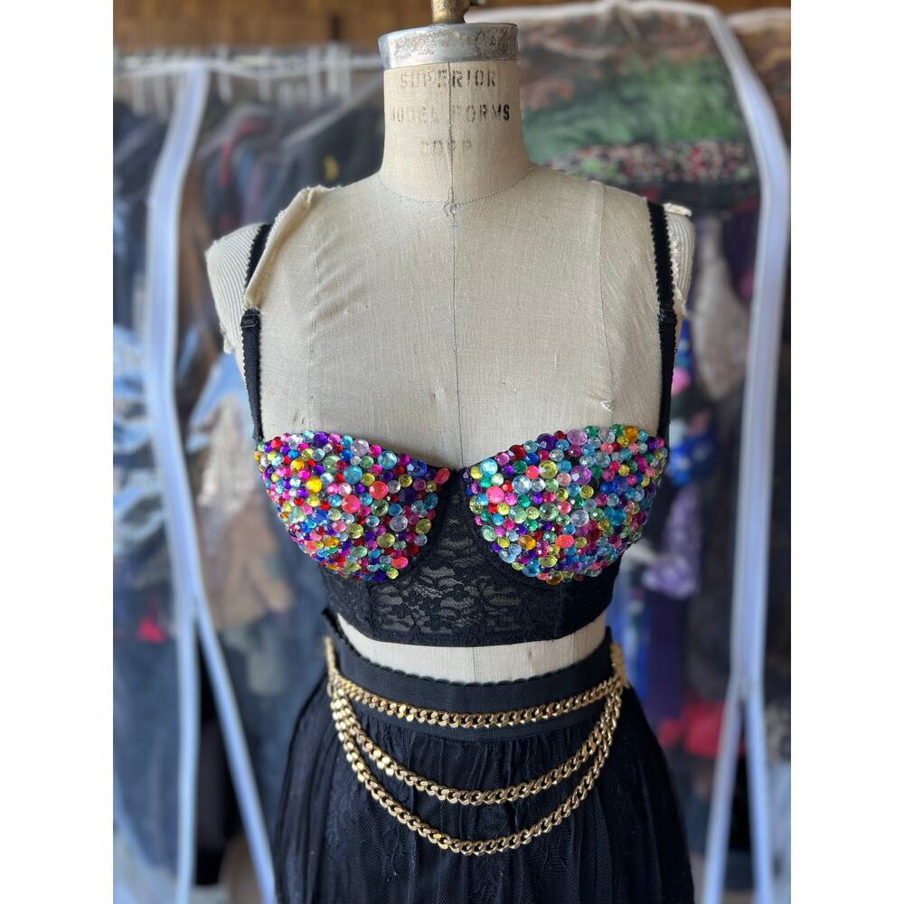 Festival Rave Sequin Rhinestone Corset Top Blk Lace Bustier with Multicolor Gems